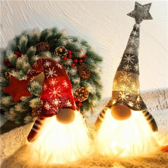 15" Lighted Christmas Gnome, Handmade Plush Scandinavian Swedish Tomte,  2 Set - Picture 4 of 7